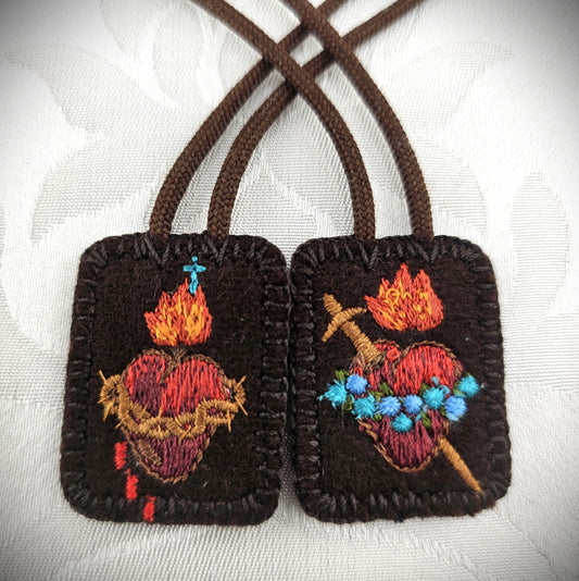 Mini-Petite Embroidered Brown Wool Scapular*Jesus and Mary*Sacred Immaculate Hearts*14"Brown Cord Straps* Red