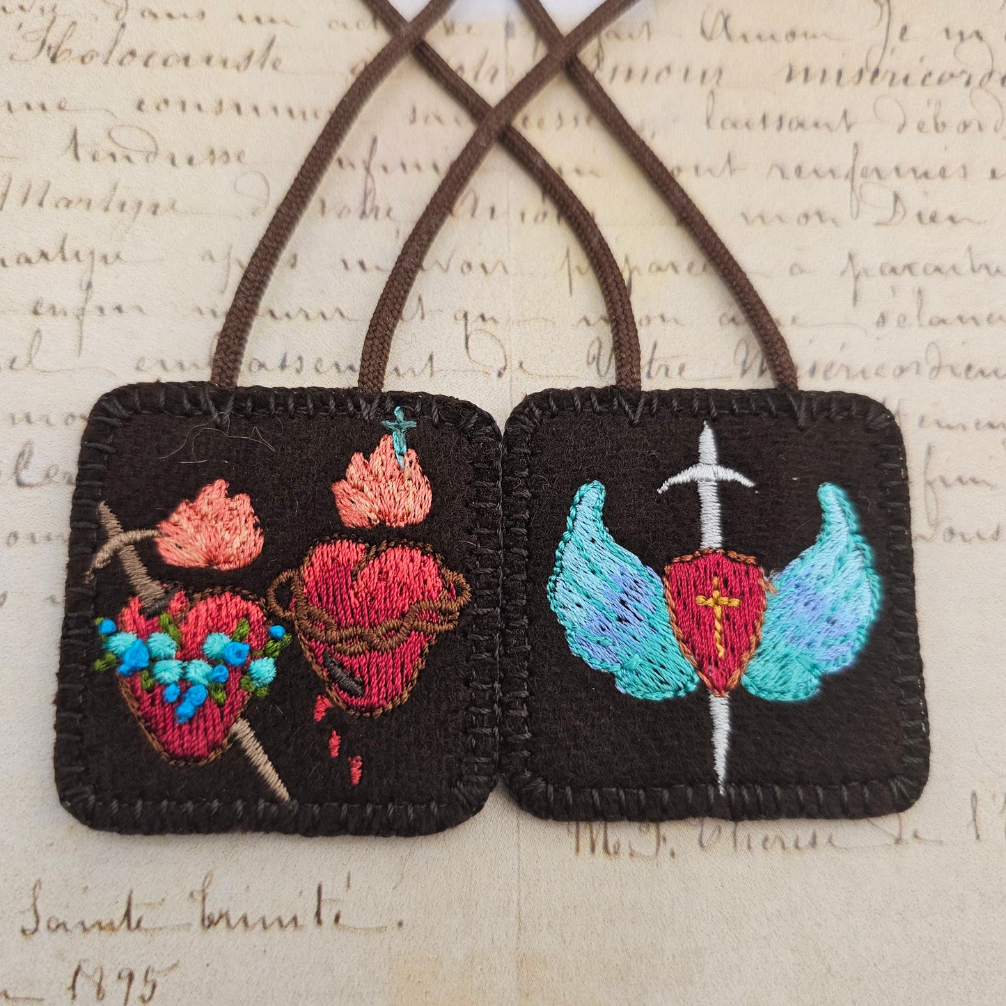 Embroidered Brown Wool Scapular*With Twin Hearts of Jesus and Mary*St Michael Symbols*22 Inch Cord Straps* Large Size