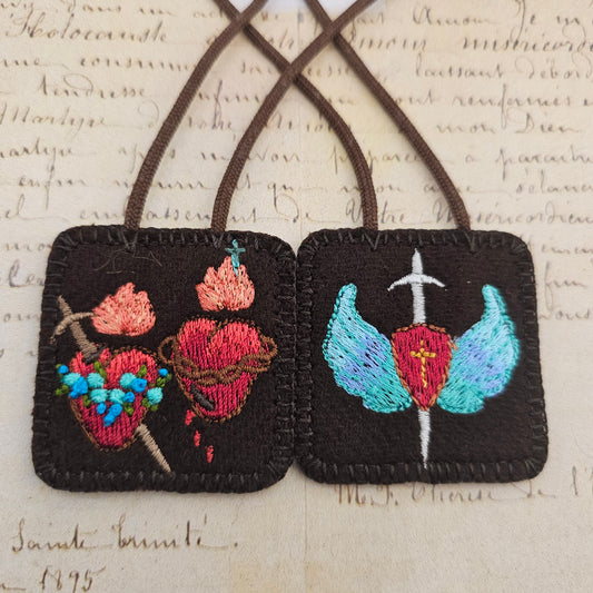 Embroidered Brown Wool Scapular*With Twin Hearts of Jesus and Mary*St Michael Symbols*22 Inch Cord Straps* Large Size