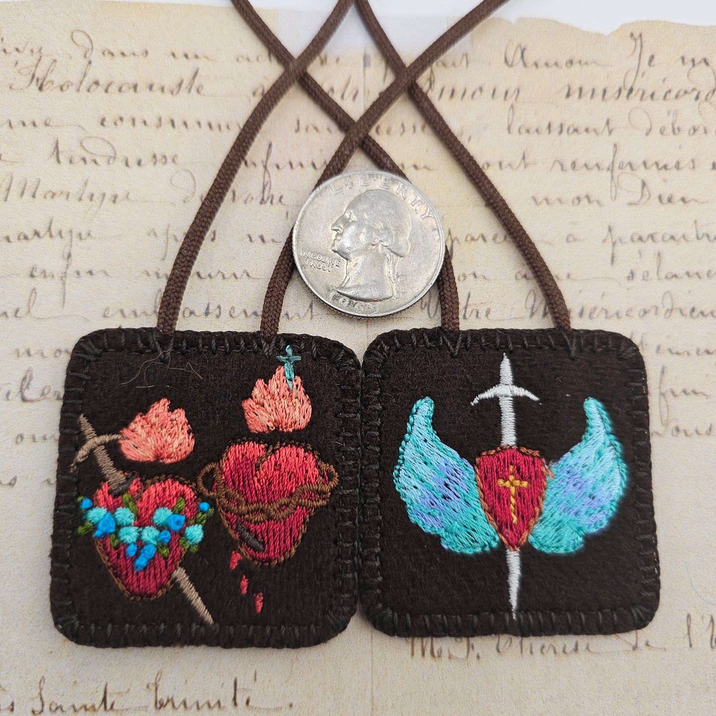 Embroidered Brown Wool Scapular*With Twin Hearts of Jesus and Mary*St Michael Symbols*22 Inch Cord Straps* Large Size