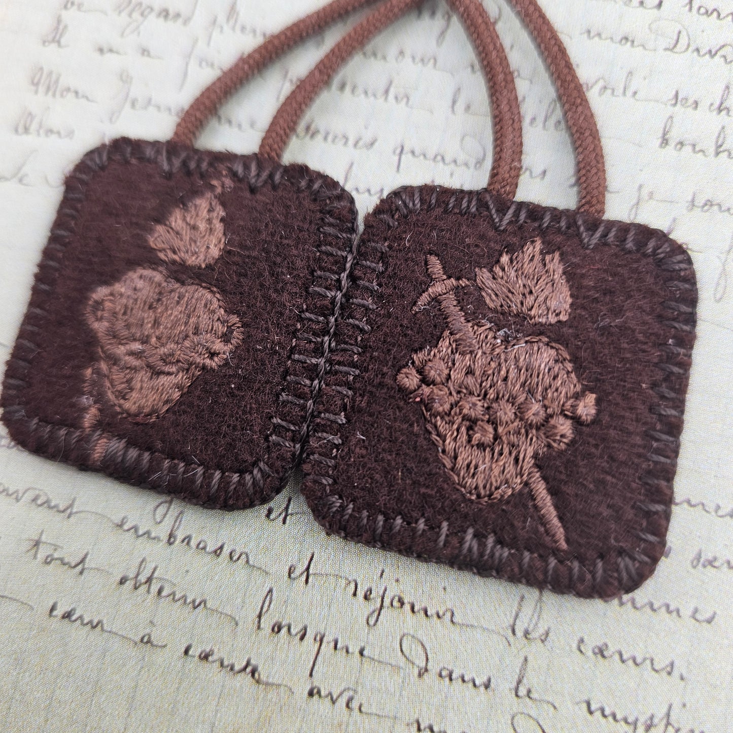 Embroidered Brown Wool Scapular*Monochromatic Theme*Jesus' Sacred Heart*Mary's Immaculate*22 Inch Cord Straps