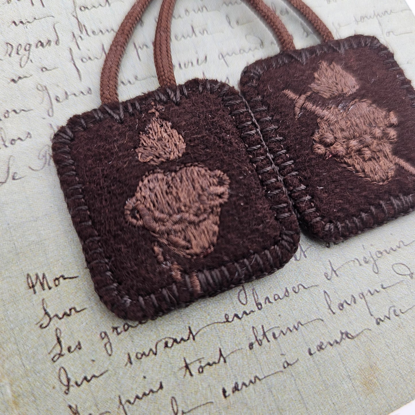 Embroidered Brown Wool Scapular*Monochromatic Theme*Jesus' Sacred Heart*Mary's Immaculate*22 Inch Cord Straps