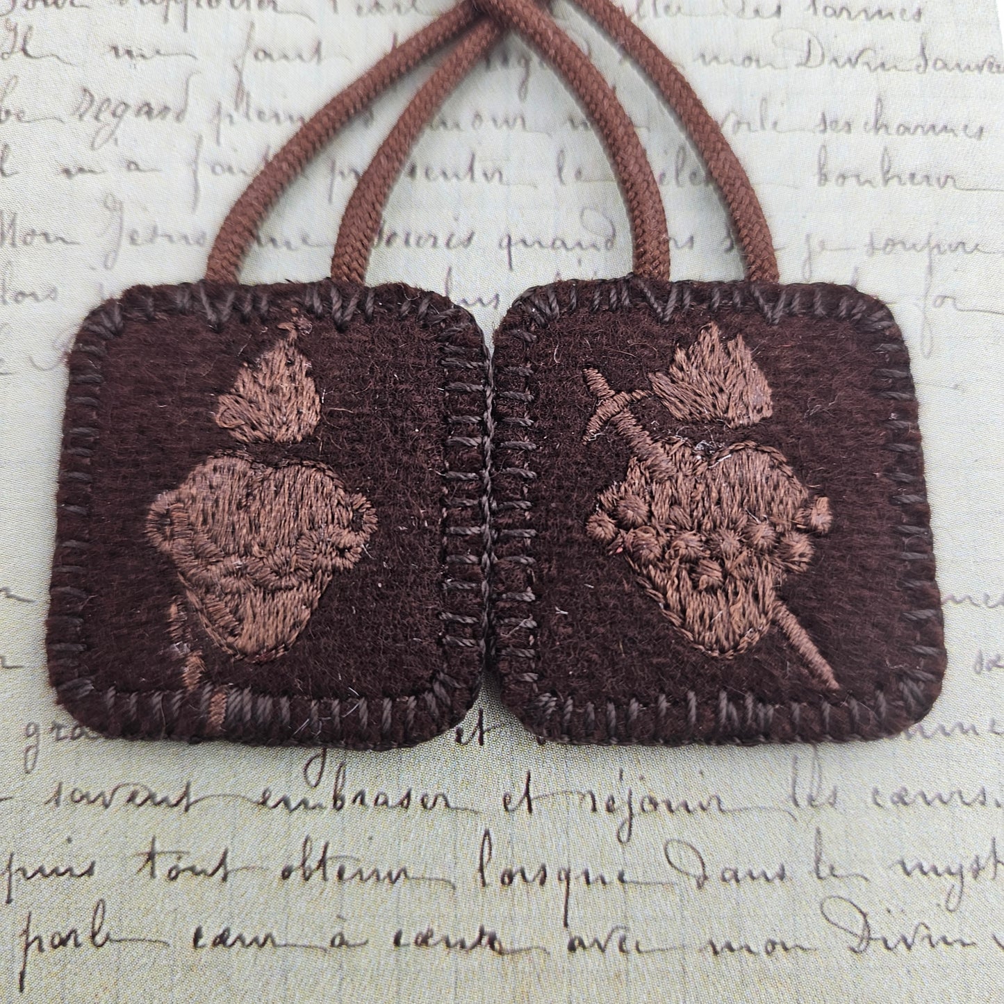 Embroidered Brown Wool Scapular*Monochromatic Theme*Jesus' Sacred Heart*Mary's Immaculate*22 Inch Cord Straps