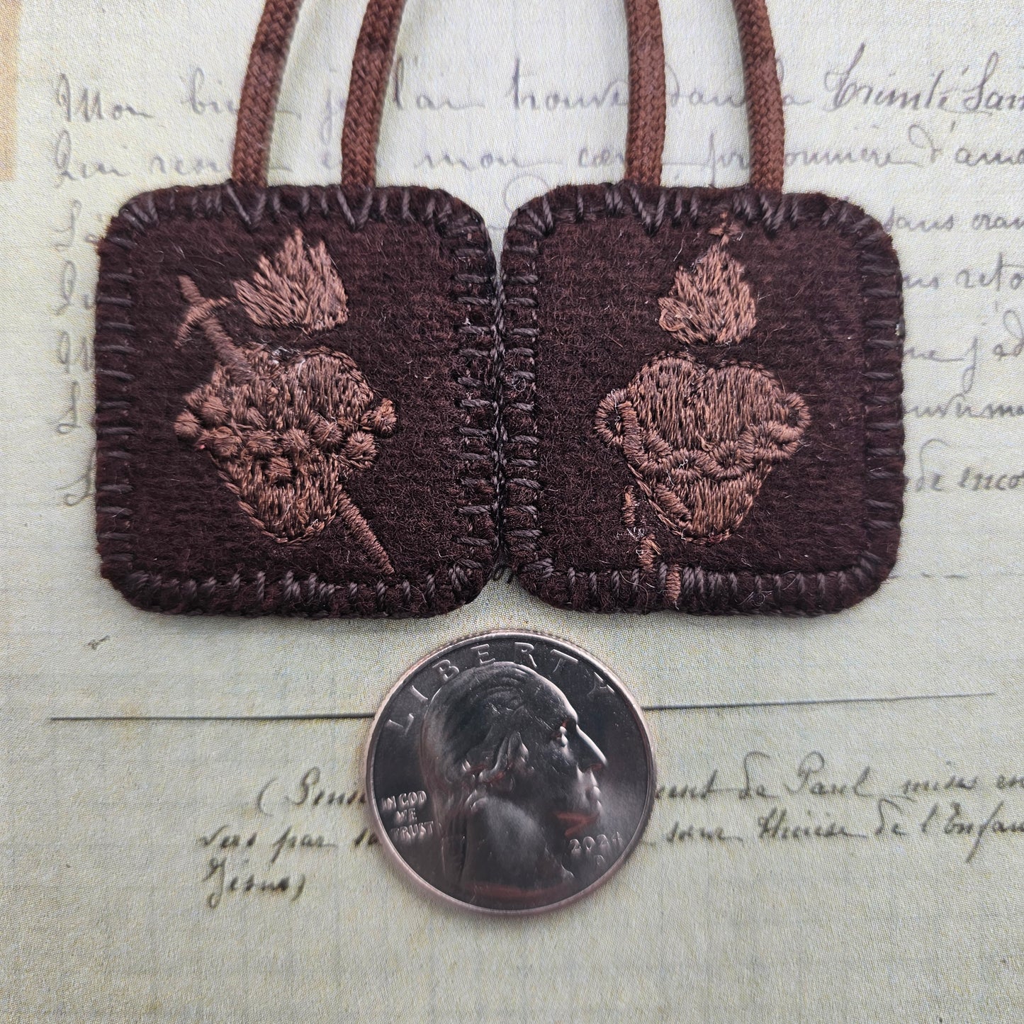 Embroidered Brown Wool Scapular*Monochromatic Theme*Jesus' Sacred Heart*Mary's Immaculate*22 Inch Cord Straps