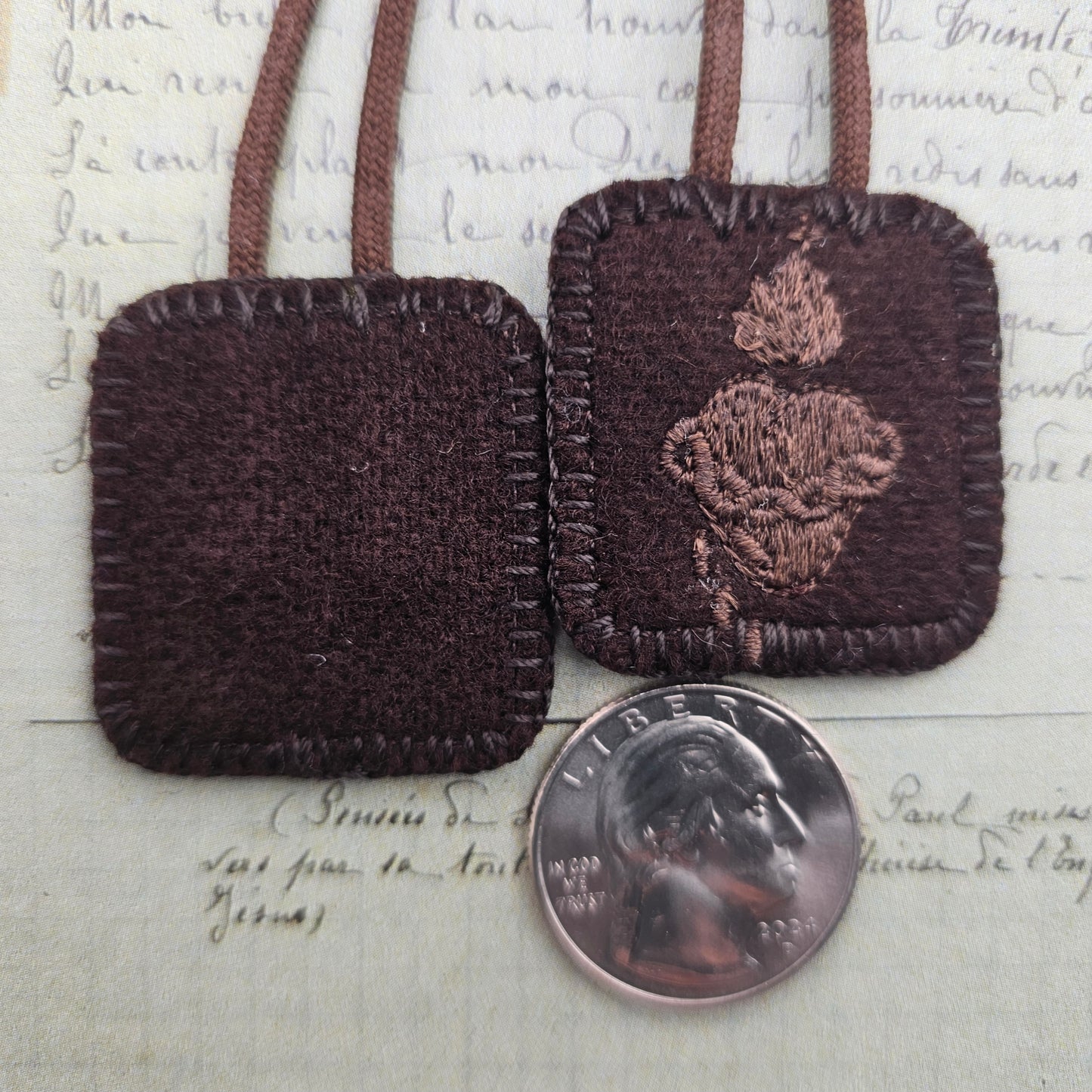 Embroidered Brown Wool Scapular*Monochromatic Theme*Jesus' Sacred Heart*Mary's Immaculate*22 Inch Cord Straps