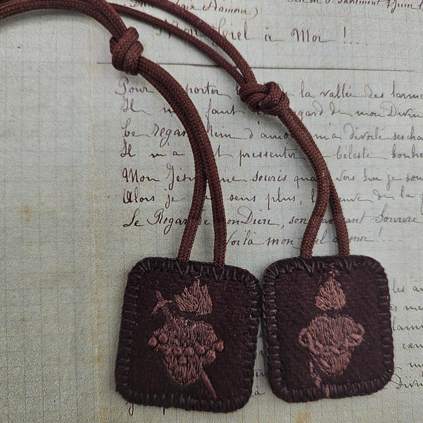 Embroidered Brown Wool Scapular*Monochromatic Theme*Jesus' Sacred Heart*Mary's Immaculate*22 Inch Cord Straps