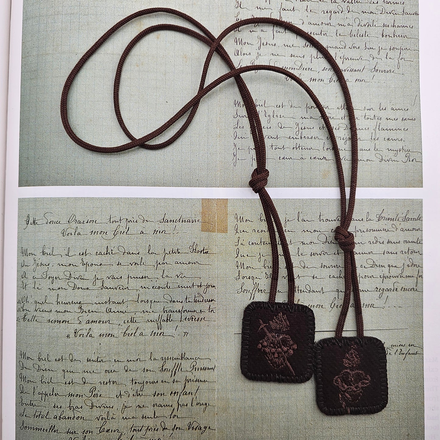 Embroidered Brown Wool Scapular*Monochromatic Theme*Jesus' Sacred Heart*Mary's Immaculate*22 Inch Cord Straps