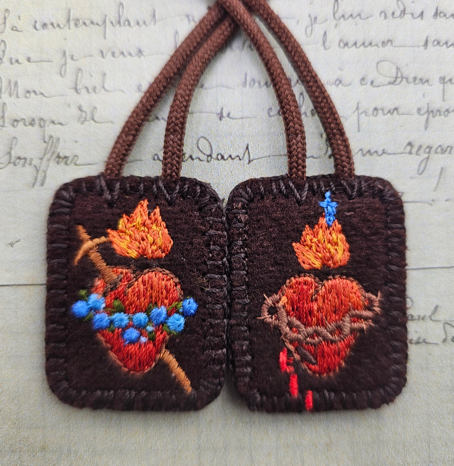 Mini-Petite Embroidered Brown Wool Scapular*Jesus and Mary-Sacred and Immaculate Hearts*14" Cord Straps*Peach Color