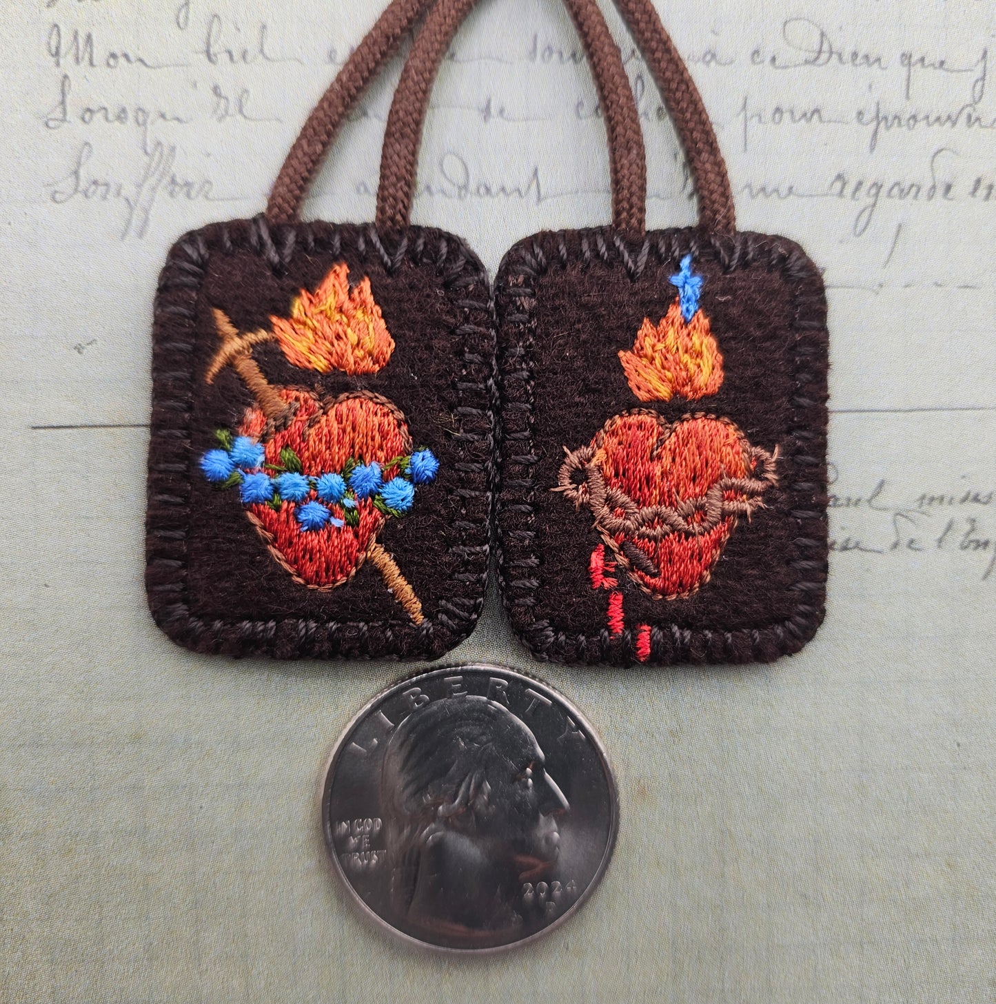 Mini-Petite Embroidered Brown Wool Scapular*Jesus and Mary-Sacred and Immaculate Hearts*14" Cord Straps*Peach Color