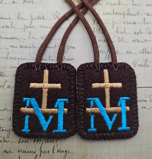 Embroidered Brown Wool Scapular*Marian Consecration Cross*18 inch Cord Straps