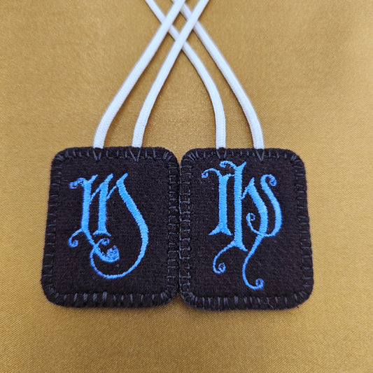 Embroidered Wool Brown Scapular with IHS and Mary Monograms*Antique Design*18 Inch Cream Cord Straps*Periwinkle