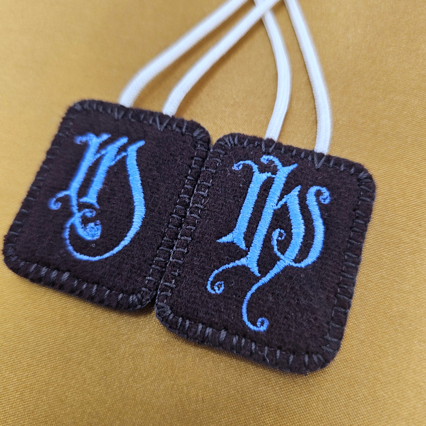 Embroidered Wool Brown Scapular with IHS and Mary Monograms*Antique Design*18 Inch Cream Cord Straps*Periwinkle