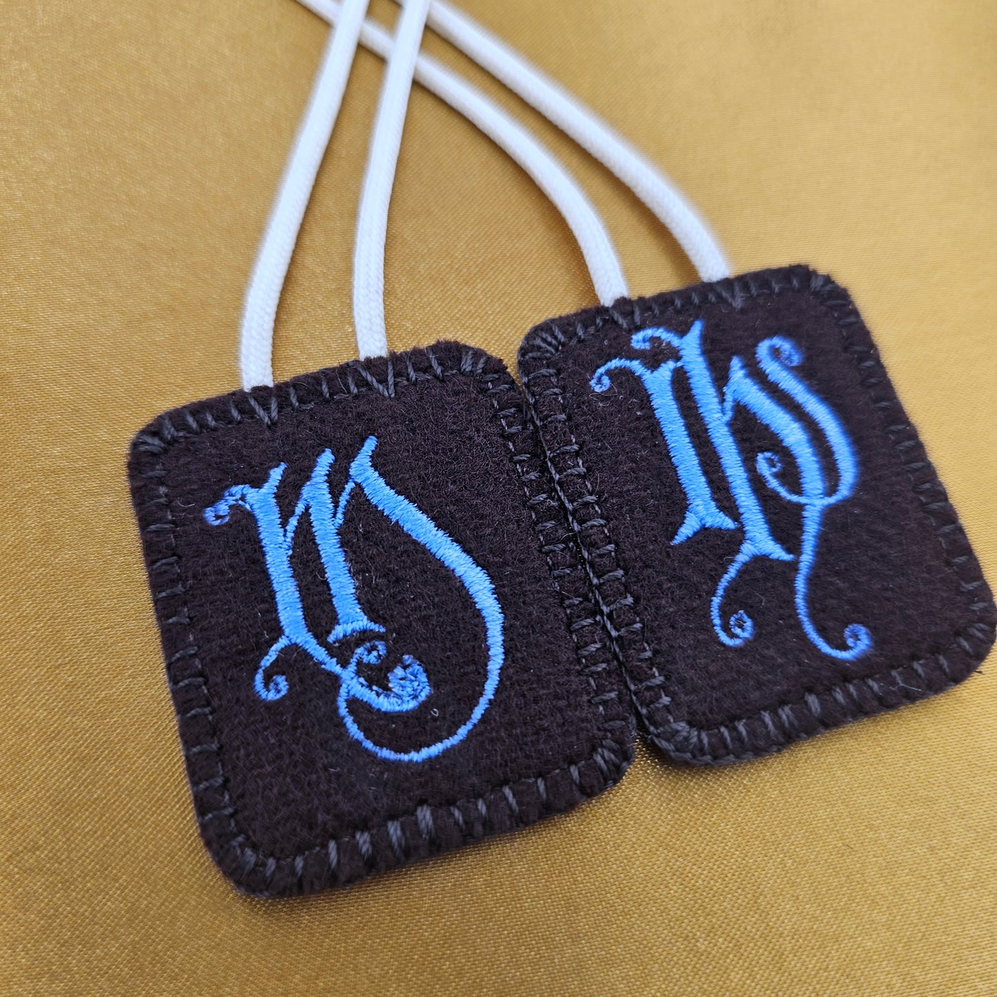 Embroidered Wool Brown Scapular with IHS and Mary Monograms*Antique Design*18 Inch Cream Cord Straps*Periwinkle