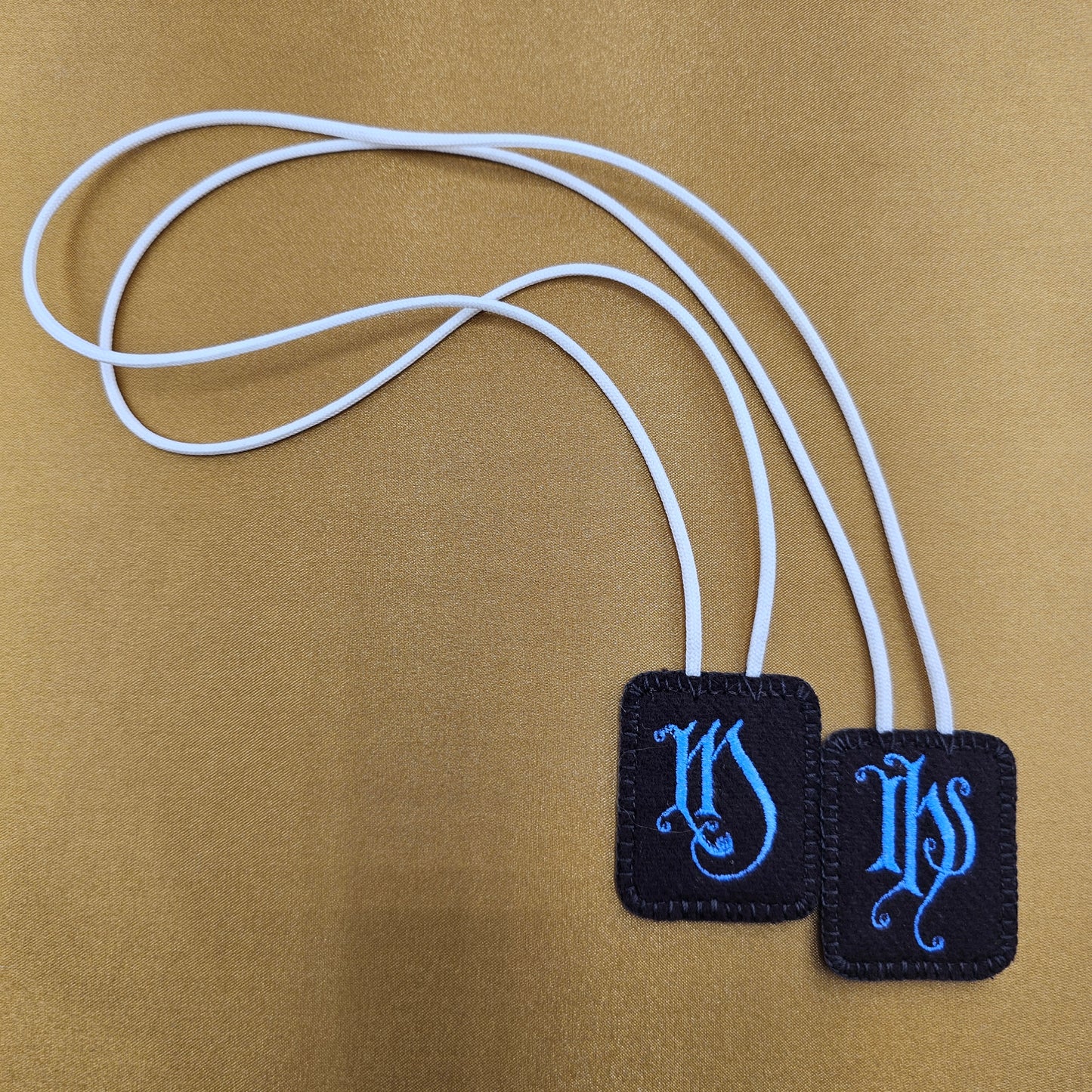 Embroidered Wool Brown Scapular with IHS and Mary Monograms*Antique Design*18 Inch Cream Cord Straps*Periwinkle