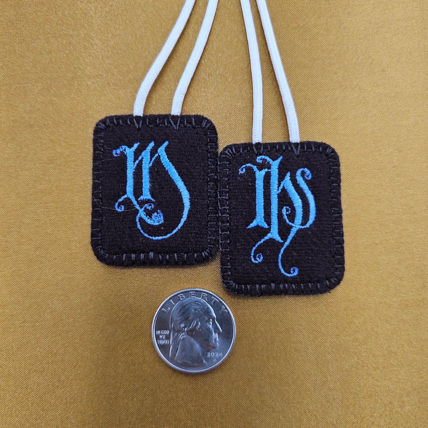 Embroidered Wool Brown Scapular with IHS and Mary Monograms*Antique Design*18 Inch Cream Cord Straps*Periwinkle