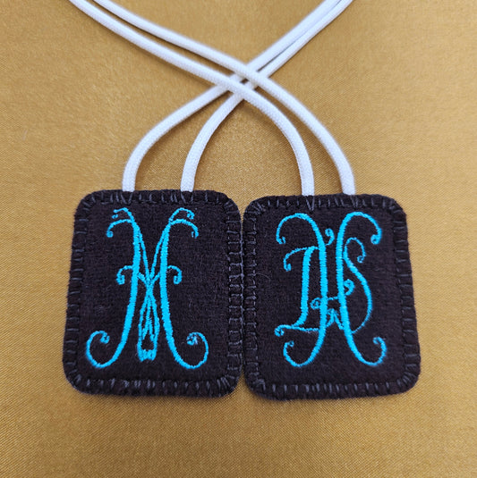 Embroidered Wool Brown Scapular with IHS and Virgin Mary Monograms*Antique Design*18 Inch Cream Cord Straps*Aqua