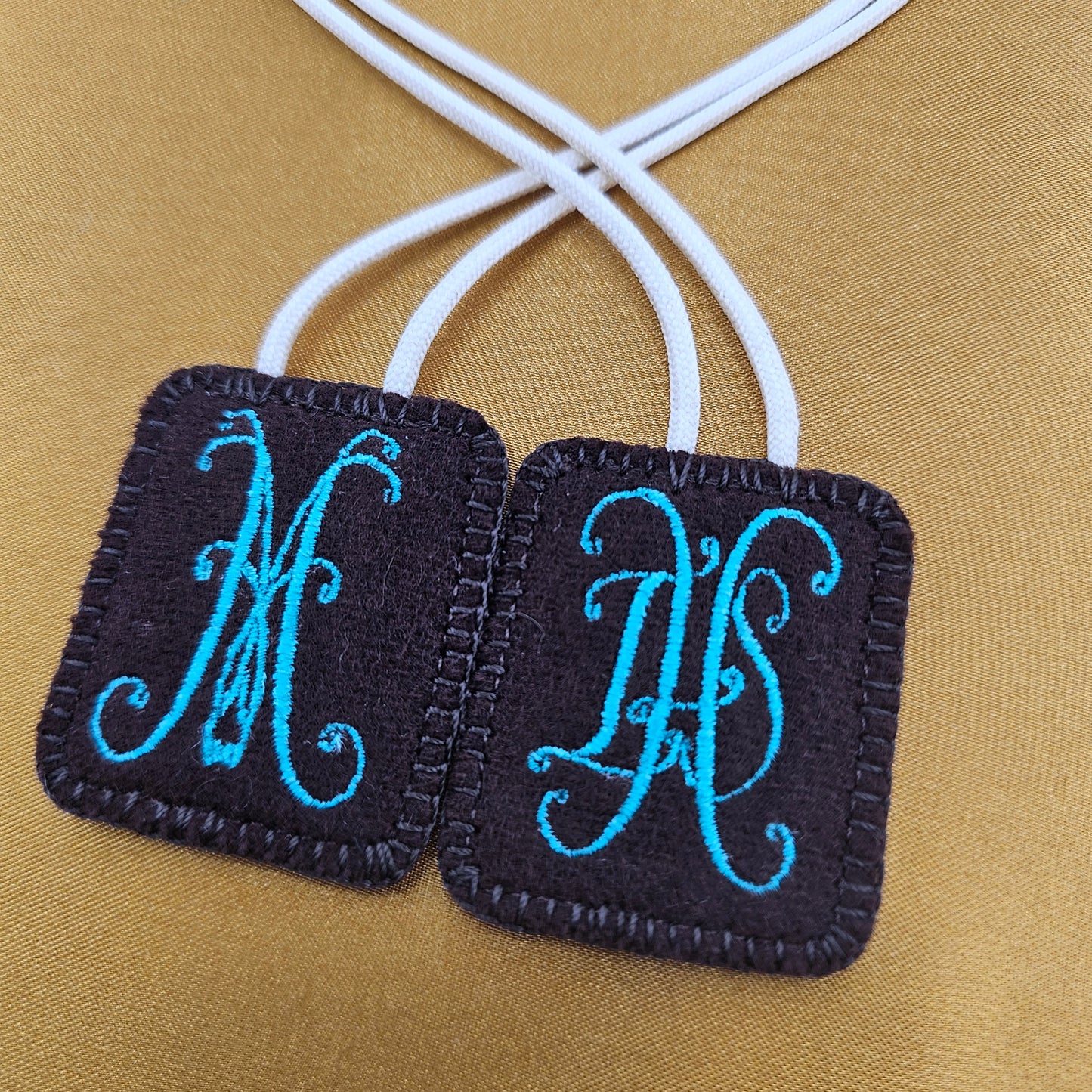 Embroidered Wool Brown Scapular with IHS and Virgin Mary Monograms*Antique Design*18 Inch Cream Cord Straps*Aqua