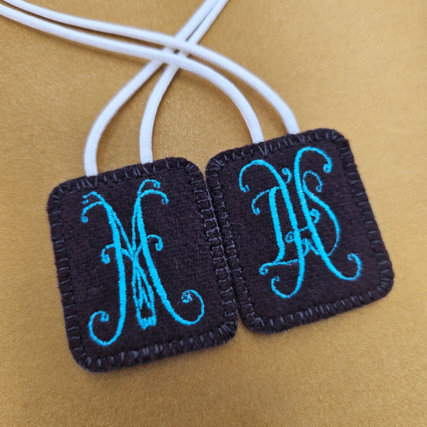 Embroidered Wool Brown Scapular with IHS and Virgin Mary Monograms*Antique Design*18 Inch Cream Cord Straps*Aqua