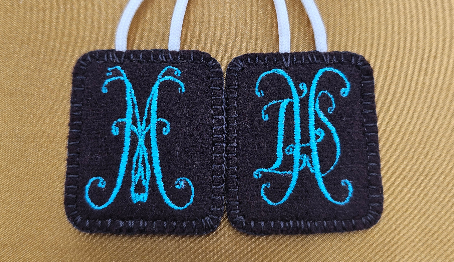 Embroidered Wool Brown Scapular with IHS and Virgin Mary Monograms*Antique Design*18 Inch Cream Cord Straps*Aqua