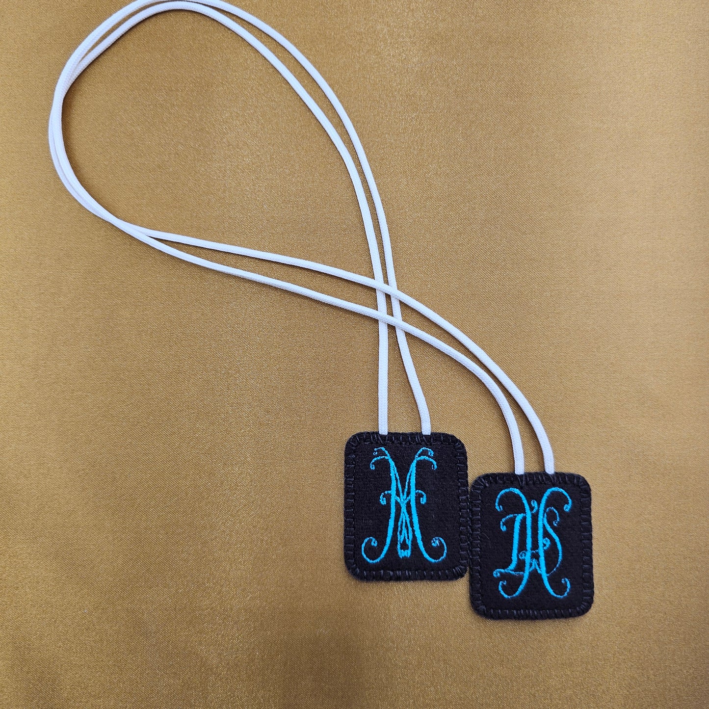 Embroidered Wool Brown Scapular with IHS and Virgin Mary Monograms*Antique Design*18 Inch Cream Cord Straps*Aqua