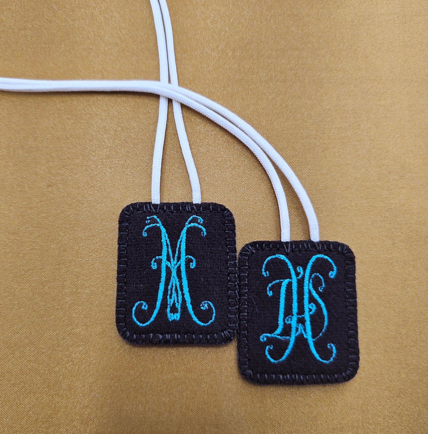 Embroidered Wool Brown Scapular with IHS and Virgin Mary Monograms*Antique Design*18 Inch Cream Cord Straps*Aqua