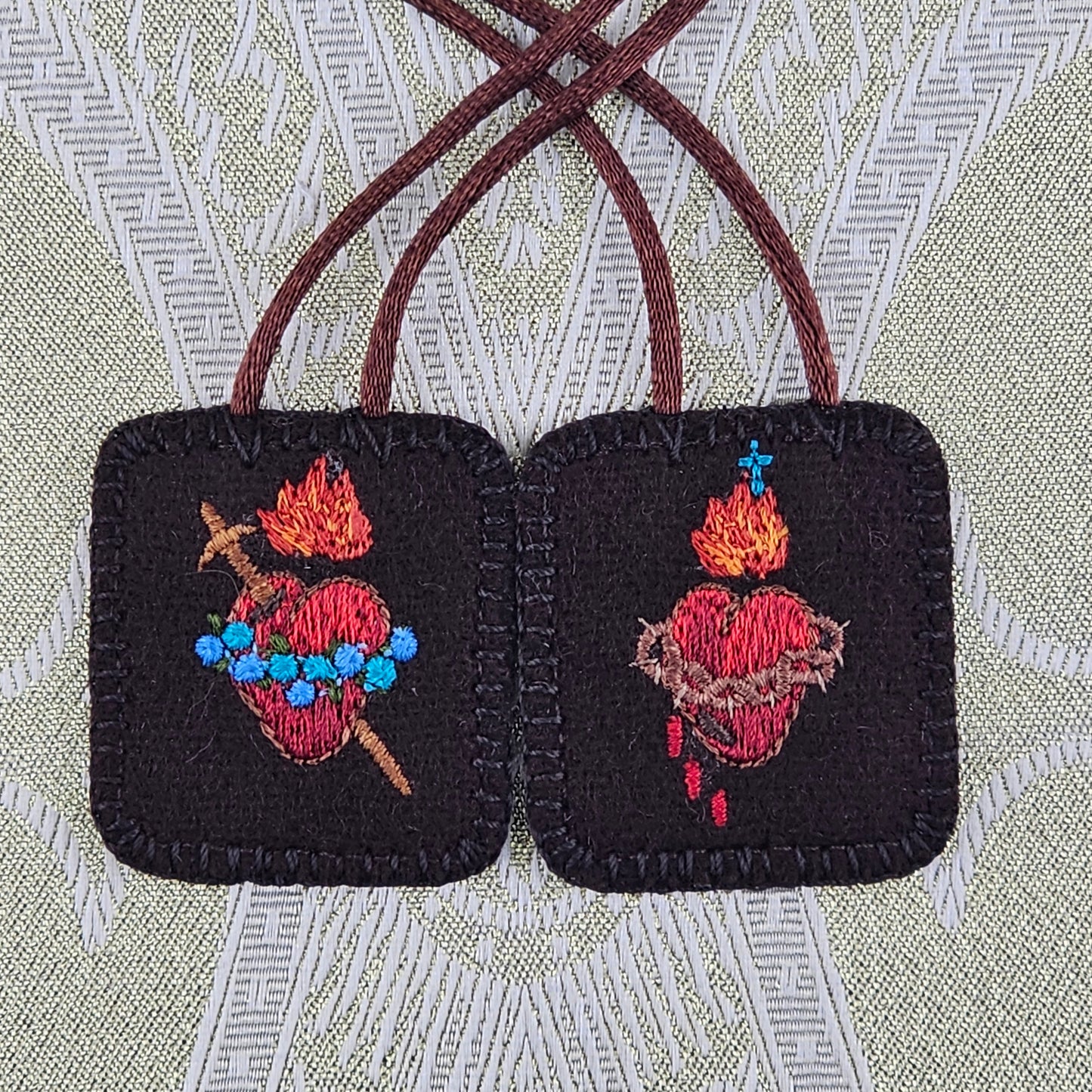 Embroidered Brown Wool Scapular*Jesus and Mary Sacred and Immaculate Hearts*Red*18 Satin Cord Straps