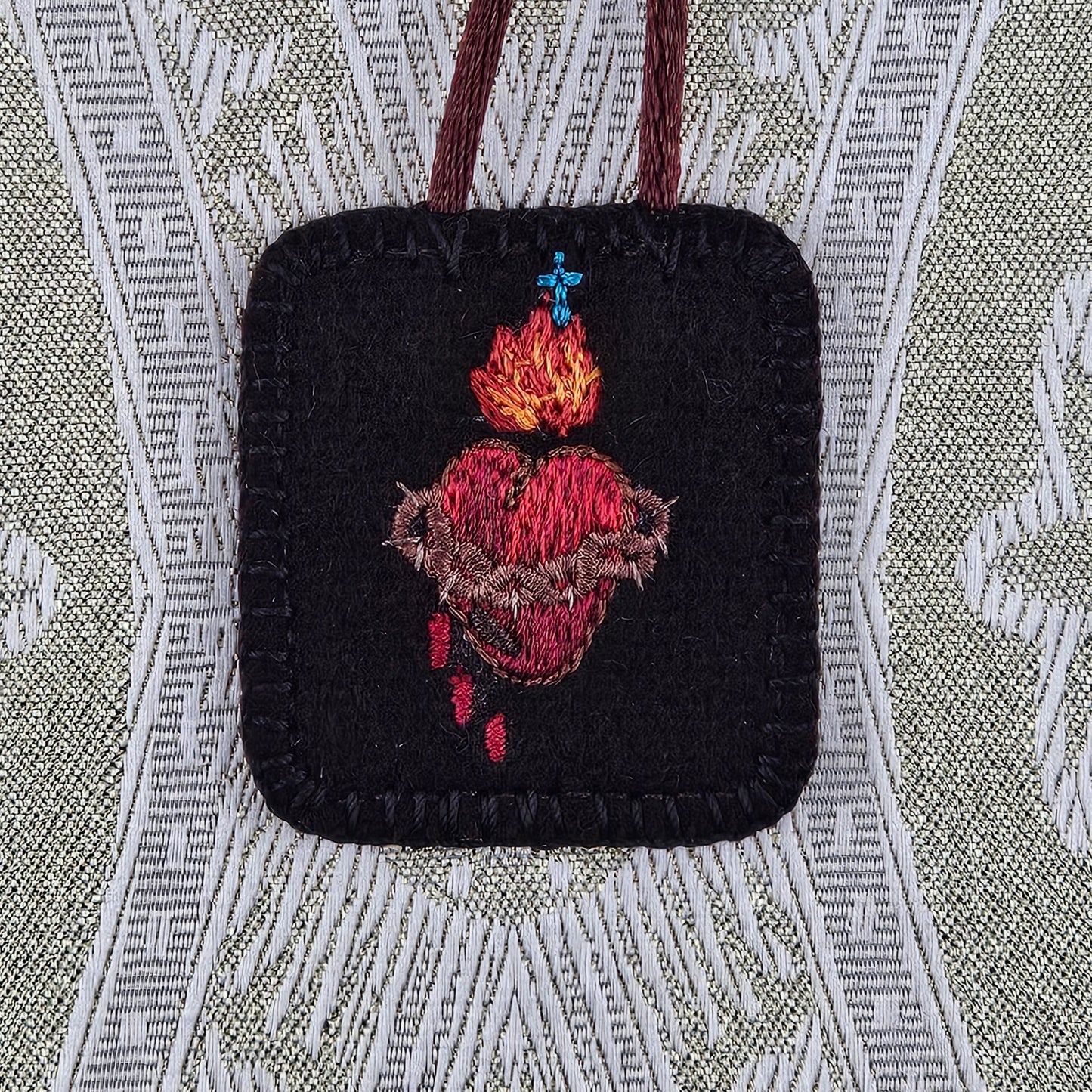 Embroidered Brown Wool Scapular*Jesus and Mary Sacred and Immaculate Hearts*Red*18 Satin Cord Straps