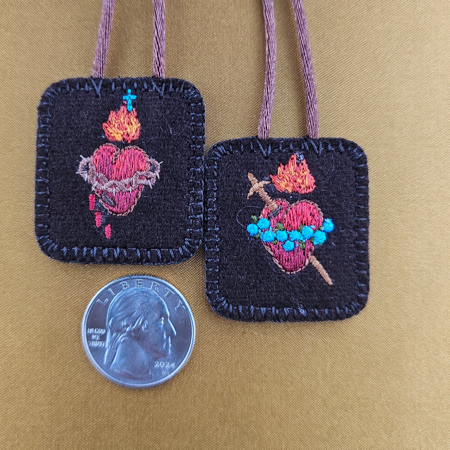 Embroidered Brown Wool Scapular*Jesus and Mary Sacred and Immaculate Hearts*Red*18 Satin Cord Straps