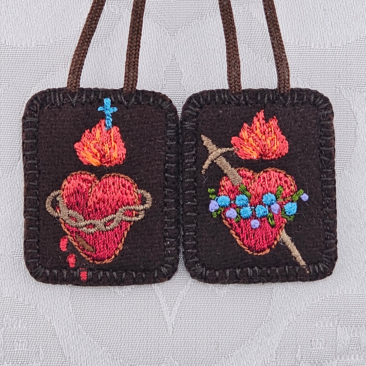 Pocket Scapular*Embroidered Brown Wool*Jesus' Sacred Heart*Mary's Immaculate*16 Inch Cord Straps