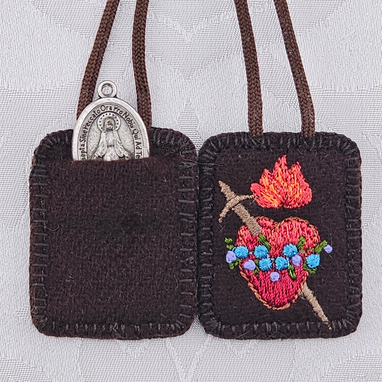 Pocket Scapular*Embroidered Brown Wool*Jesus' Sacred Heart*Mary's Immaculate*16 Inch Cord Straps