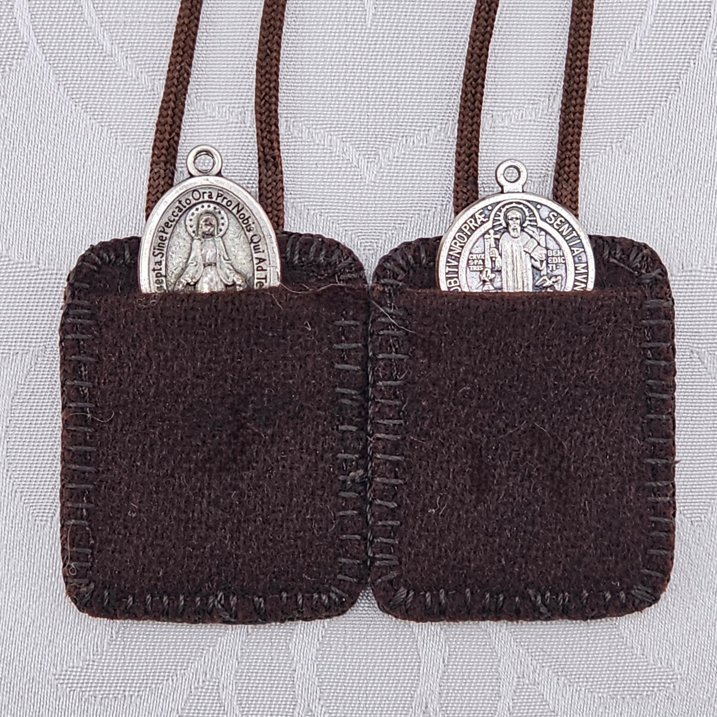 Pocket Scapular*Embroidered Brown Wool*Jesus' Sacred Heart*Mary's Immaculate*16 Inch Cord Straps