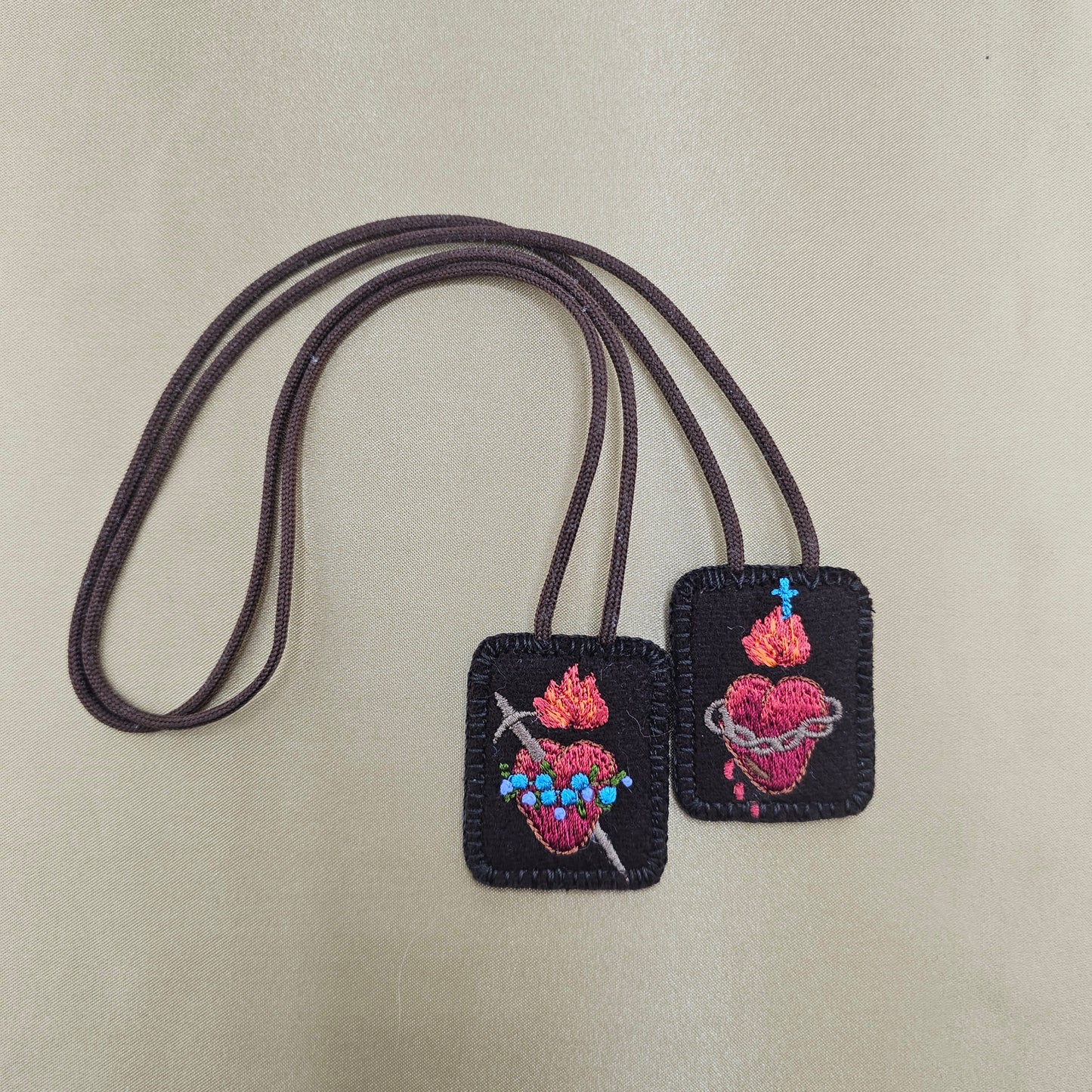 Pocket Scapular*Embroidered Brown Wool*Jesus' Sacred Heart*Mary's Immaculate*16 Inch Cord Straps