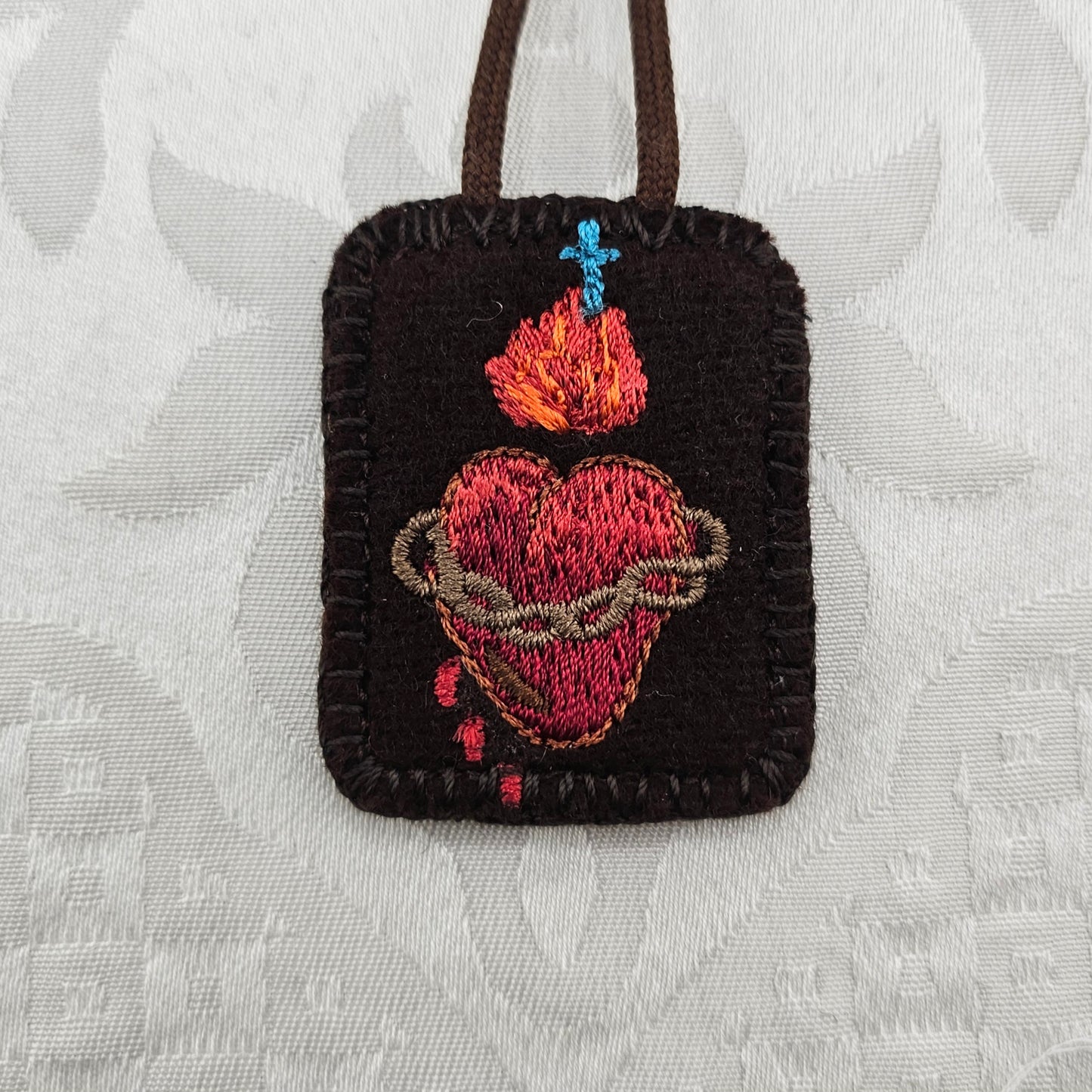 Pocket Scapular*Embroidered Brown Wool*Jesus' Sacred Heart*Mary's Immaculate*16 Inch Cord Straps