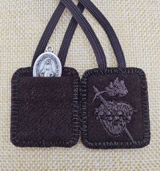 Embroidered Pocket Brown Scapular*Monochromatic Theme*Jesus and Mary Sacred and Immaculate Hearts*18 Inch Flat Straps