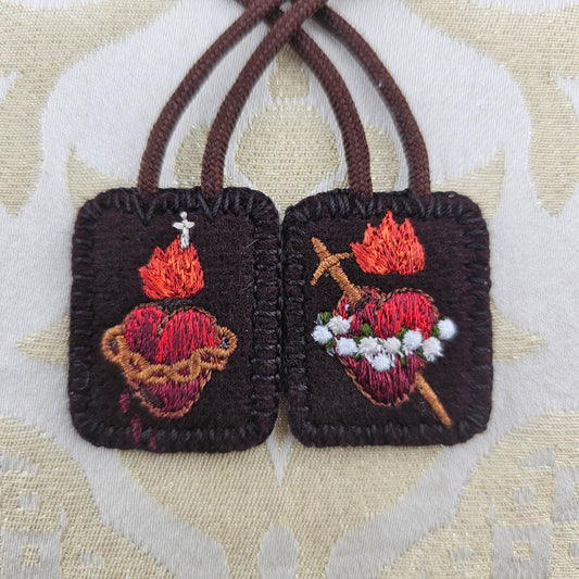 Mini-Petite Embroidered Brown Wool Scapular*Jesus and Mary-Sacred and Immaculate Hearts*14" Cord Straps*Red w/ White Roses