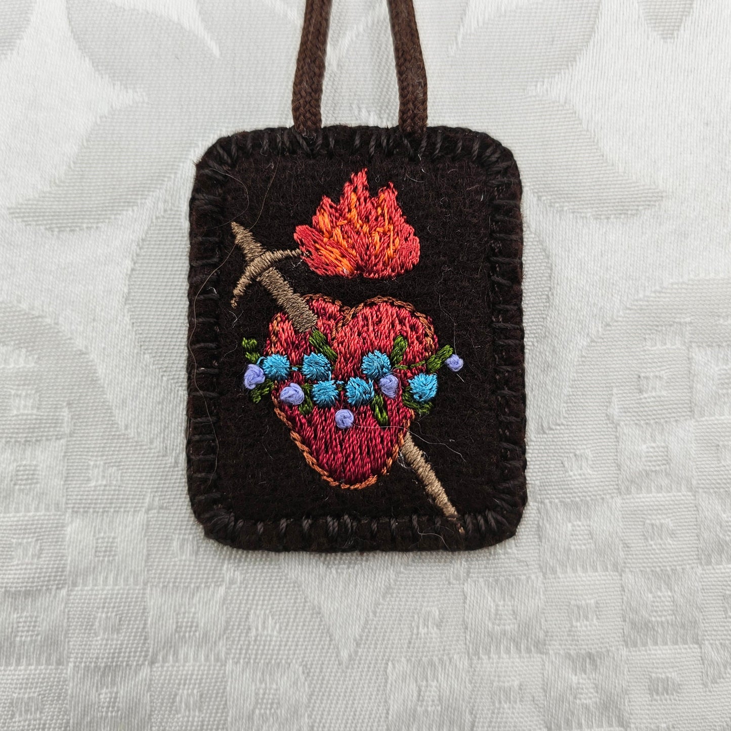 Pocket Scapular*Embroidered Brown Wool*Jesus' Sacred Heart*Mary's Immaculate*16 Inch Cord Straps