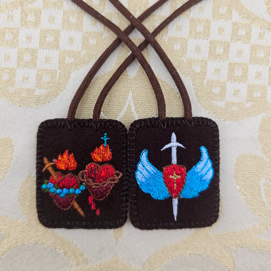 Embroidered Brown Wool Scapular*With Twin Hearts of Jesus and Mary*St Michael Symbols*20 Inch Cord Straps*Medium Size