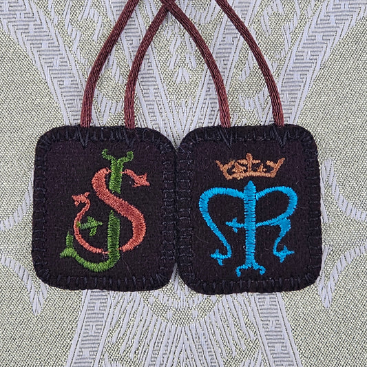 Embroidered Brown Wool Scapular with Regina Maria and St Joseph Monograms*16 Inch Satin Cord Straps