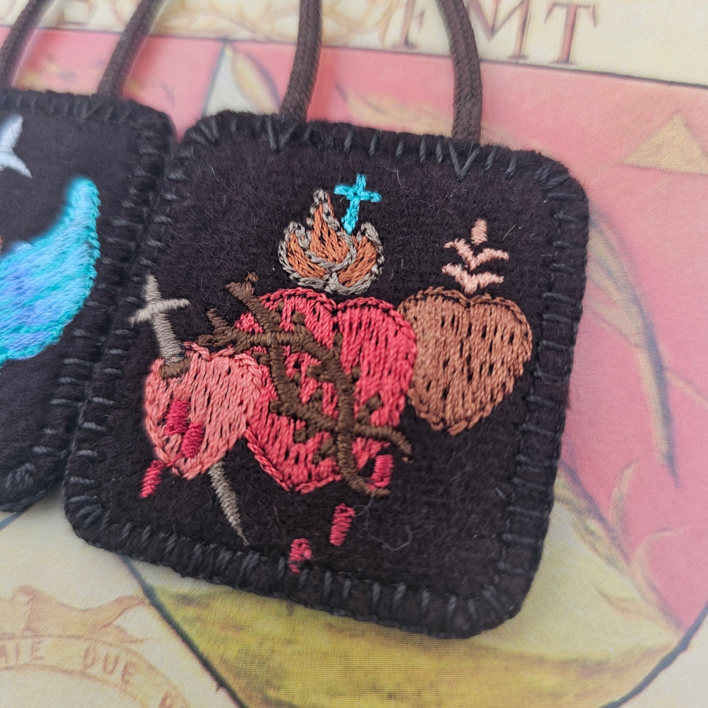 Embroidered Brown Wool Scapular*Holy Family-Jesus, Mary, Joseph with St Michael*18 Inch Brown Cord Straps