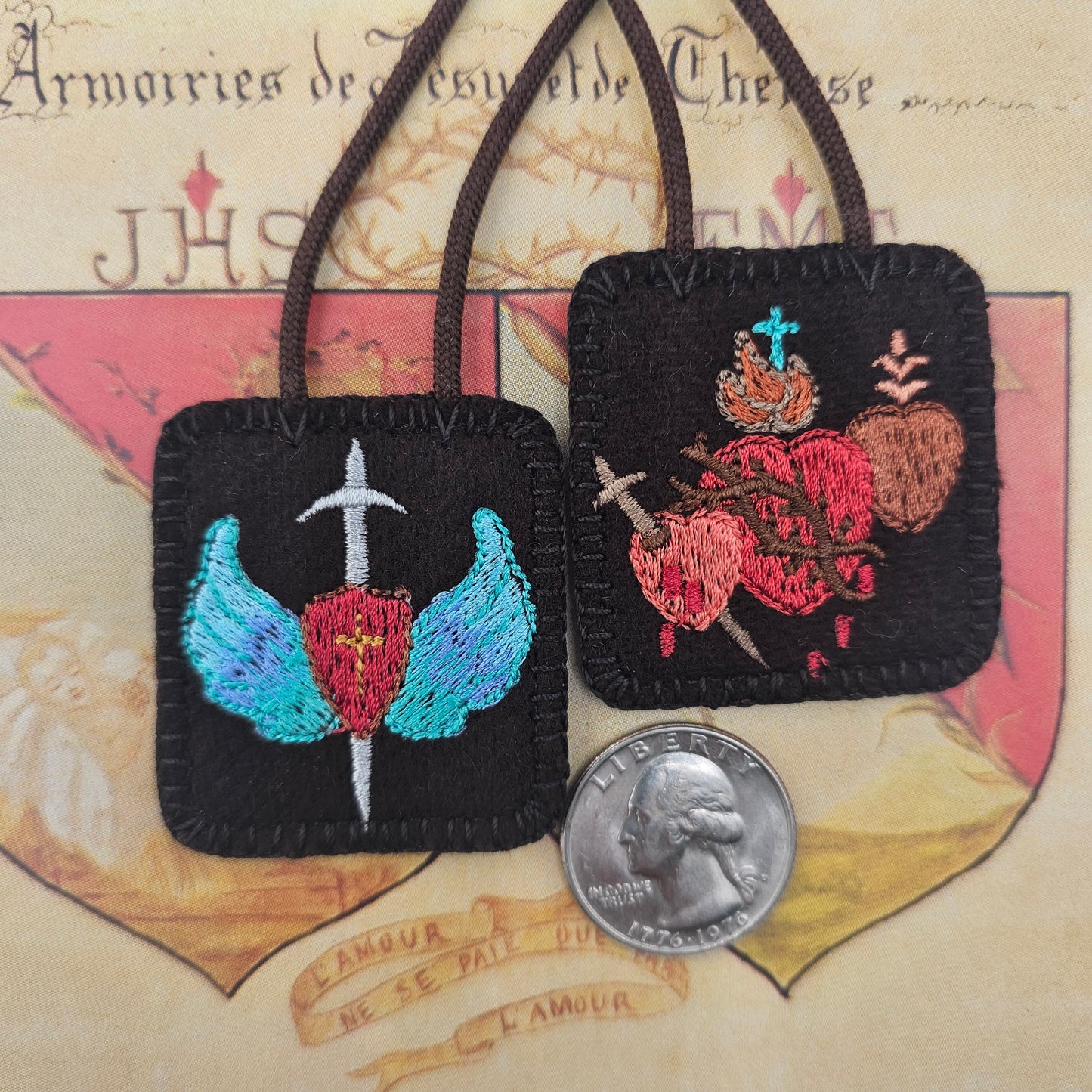 Embroidered Brown Wool Scapular*Holy Family-Jesus, Mary, Joseph with St Michael*18 Inch Brown Cord Straps